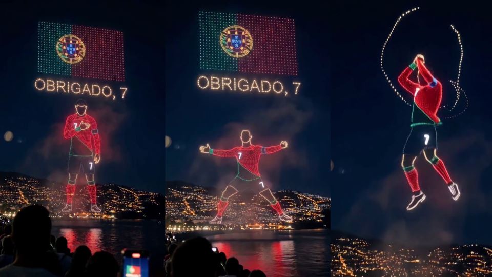 Espetáculo de drones em homenagem a Cristiano Ronaldo na Madeira é falso: as imagens virais foram criadas por IA
